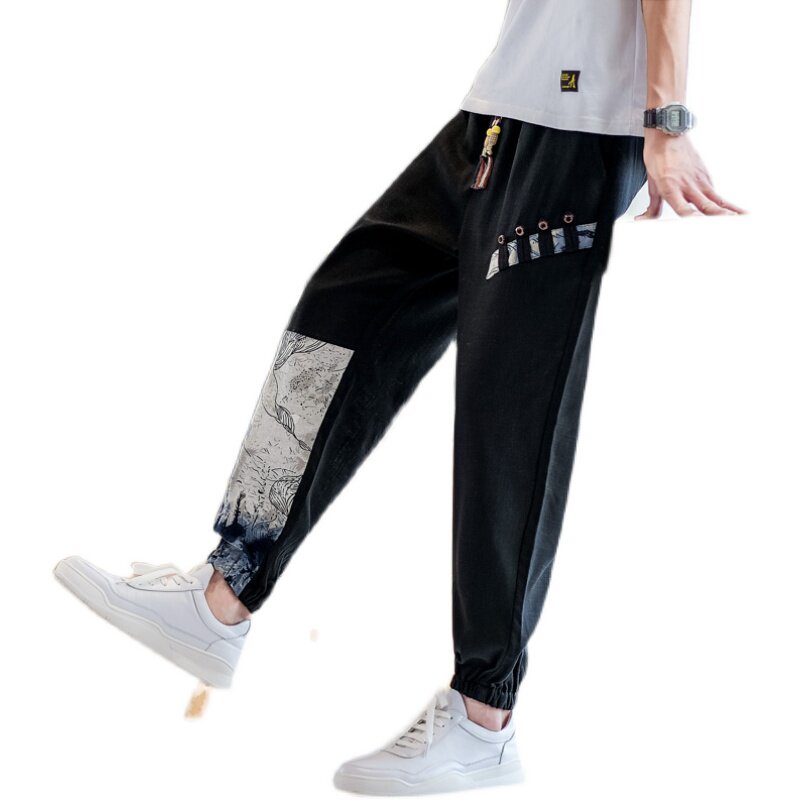 亚麻束脚休闲裤男风拼接抽绳小脚长裤复古韩版A266-1-K41-P50,男装休闲裤,电商A266-1