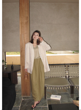 MSWUBTQE 松紧腰好穿百搭/亚麻天丝西装半身裙