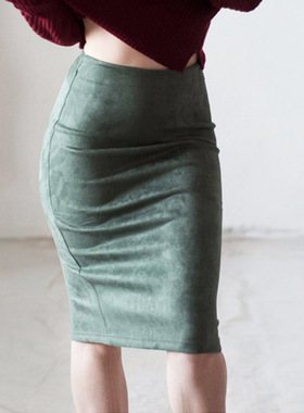 women Pure color split suede skirts high skrits高腰女半身裙