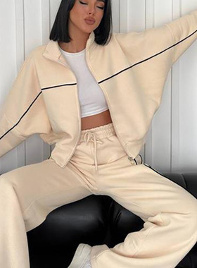 Long-sleeved high-neck cardigan hoodie striped pantsuit 套装