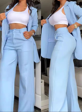 Women casual coat and pants set 2023纯色通勤翻领西装套装