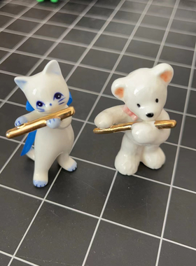 日本音乐陶瓷猫Kotobuki乐隊长笛小熊猫咪音乐会摆件手工陶瓷猫
