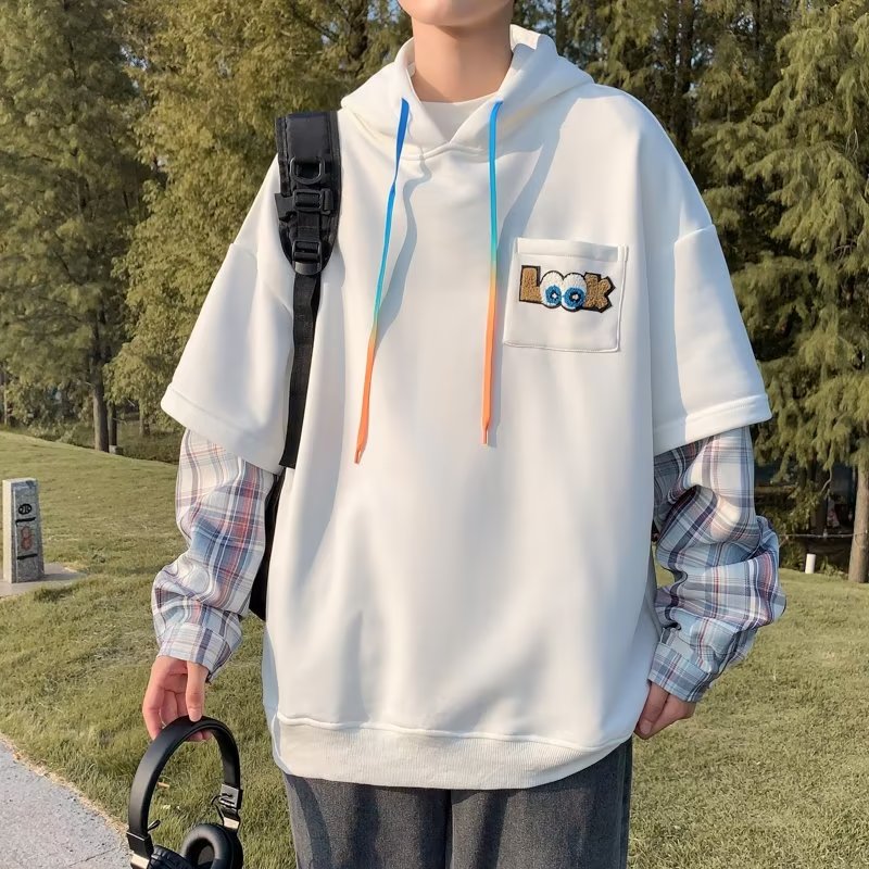 连帽卫衣男秋季潮牌ins假两件拼接格子上衣港风bf学生慵懒风外套