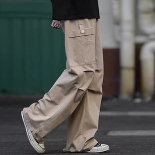 男春秋款 美式 褲 日系機能抽繩直筒闊腿男生休閑長褲 復(fù)古傘兵工裝 子