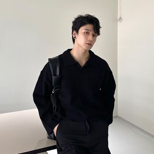 polo衫 日系复古纯色针织衫 长袖 男士 潮牌春秋季 宽松休闲毛衣打底衫