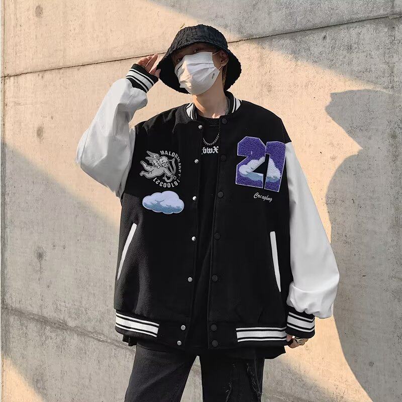 克莱因蓝棒球服外套男潮牌高街嘻哈潮流宽松白云立体毛巾绣夹克衫