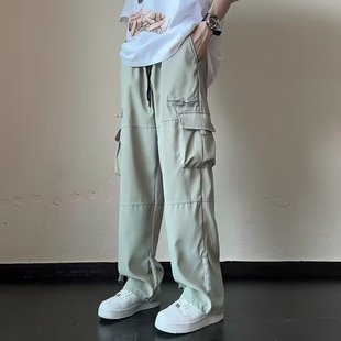 男士 寬松直筒休閑長褲 多口袋工裝 港風痞帥拉鏈傘兵褲 褲 2024秋季