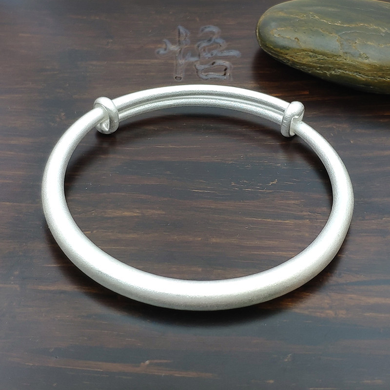 古法传承9999万纯银手镯女民族风足银镯子实心光面心经手环可调节