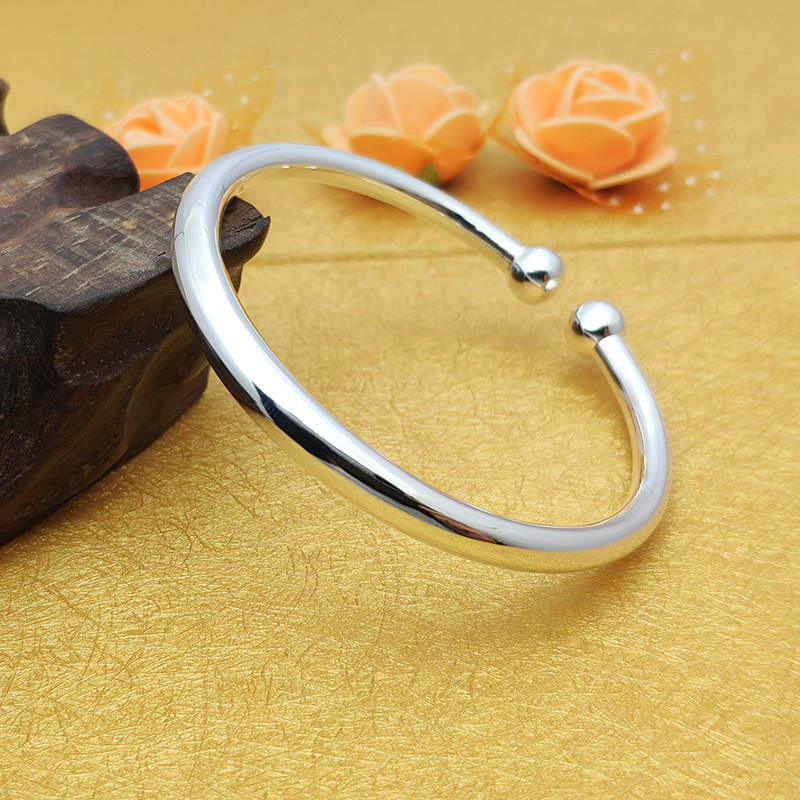 纯银手镯999足银对珠圆肚光面简约实心银镯子男女士手环生日礼物