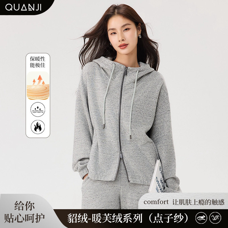上衣外套女款貂绒暖芙绒连帽舒适保暖御寒芙绒连帽拼接插兜上衣