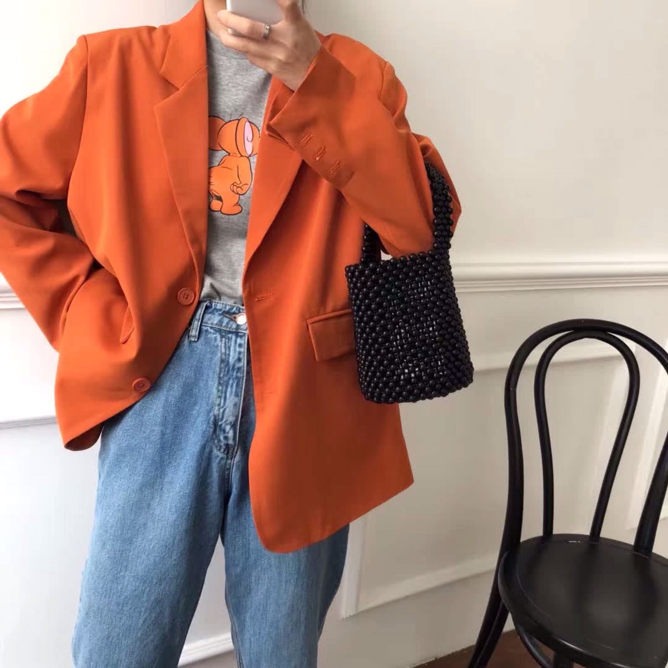 韩国 ins 复古时髦简洁百搭垫肩橘色西装 vintage外套
