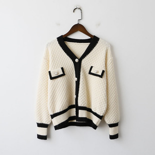 高级感撞色羊毛衫 小香风针织开衫 外套女2021秋季 新款 毛衣 宽松薄款