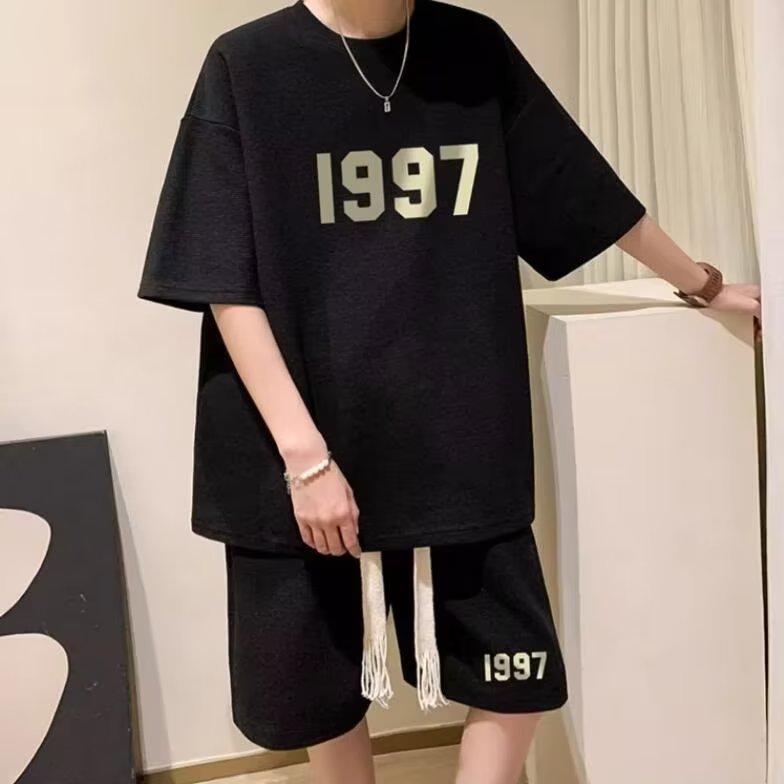 休闲时尚套装男华夫格运动oversize潮牌短袖设计感情侣装短裤夏季