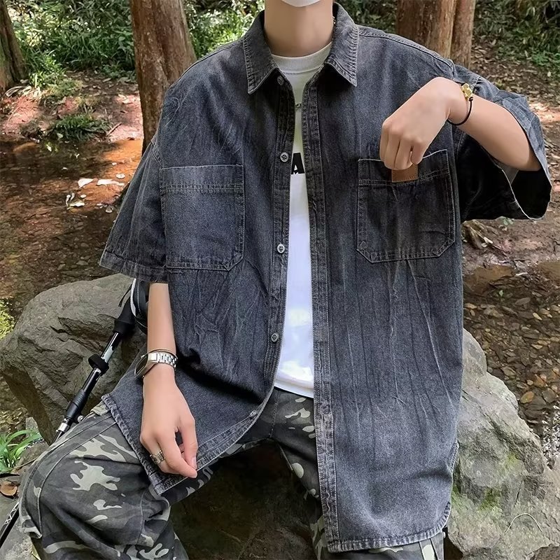 夏季新品潮流短袖衬衣男女士宽松BF风情侣牛仔衬衫日系男2023新款