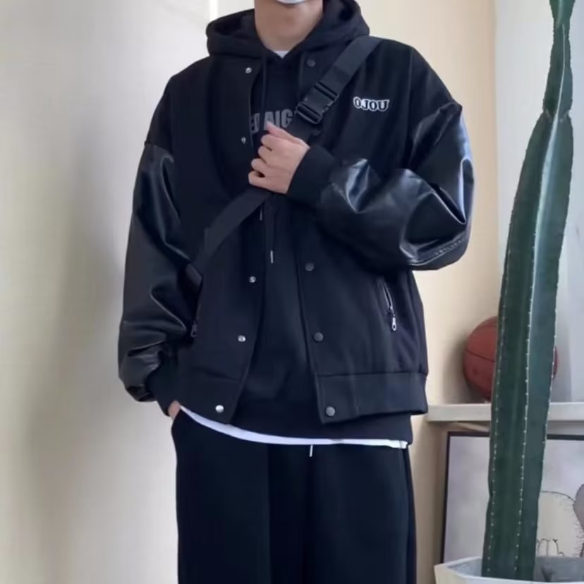夹克男拼接外套黑皮衣美式街头宽松上衣新款飞行员棒球服潮复古新