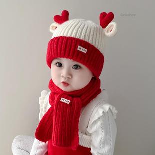 GP儿童帽子秋冬季宝宝红色针织帽女童男童毛线帽加厚保暖护耳帽冬
