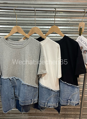2025新款上架 R.C圆领个性拼接牛仔不规则下摆短袖T恤RC13036