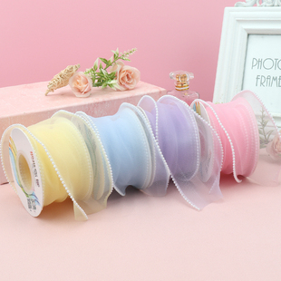 珍珠密纹拷边纱diy发夹蝴蝶结包装材料6cm宽流星鱼尾波浪雪纱带