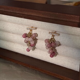 飞鸟屿城「原创手作」粉水晶天然石葡萄串耳饰灵动清新甜美耳钉女
