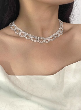 飞鸟屿城 重工纯手作编织 礼服款高亮正品施家珍珠项链锁骨链新娘