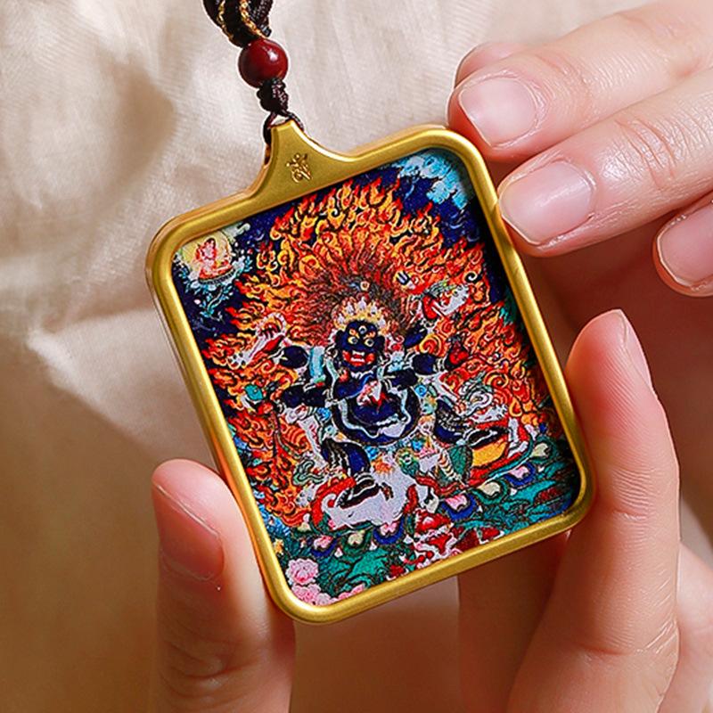 藏传守护大黑天手绘描金吊坠