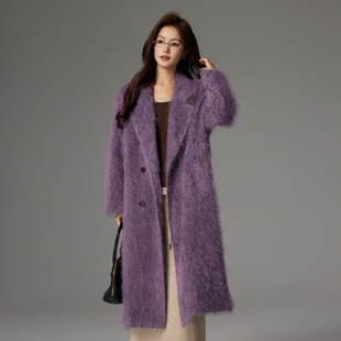 温柔慵懒风双面羊绒大衣女中长款 紫色双排扣宽松毛呢外套