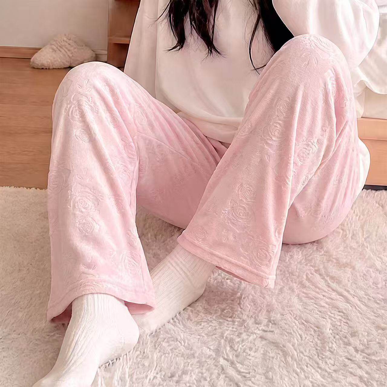 睡裤女长裤秋冬季新款薄绒保暖暖裤加厚春秋款女士文雅居家居裤子