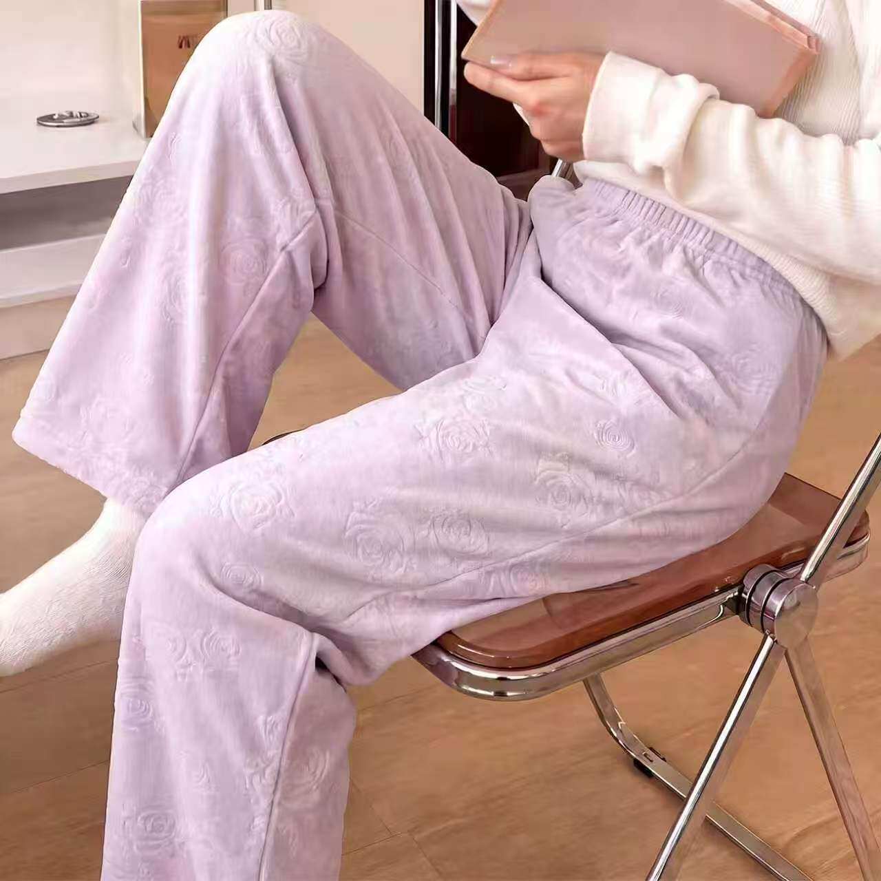 薄绒宽松德绒居家睡裤女秋冬季新款加绒加厚直筒高腰百搭休闲长裤
