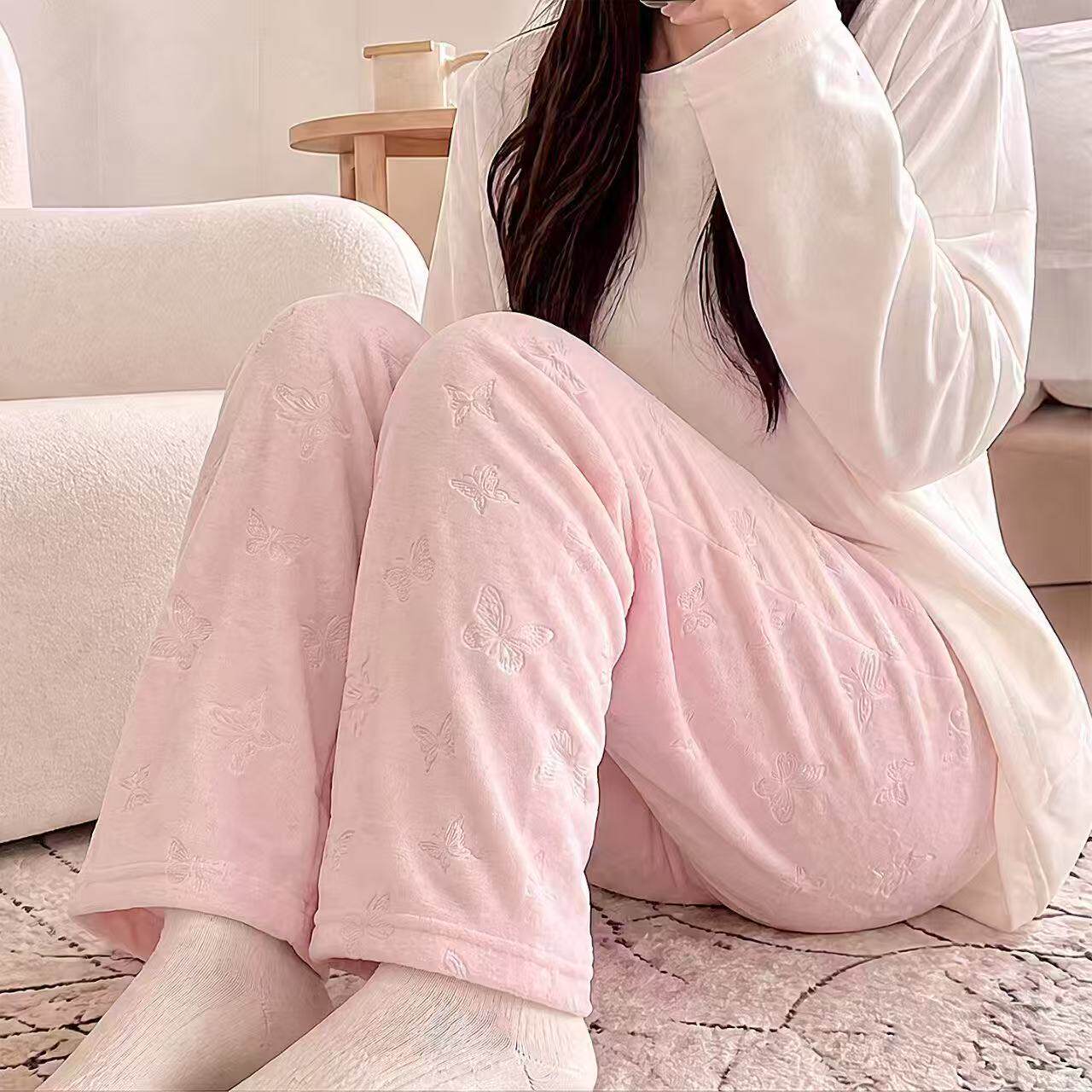 秋冬季新款德绒保暖裤睡裤女直筒休闲长裤家居裤小个子垂感双面绒