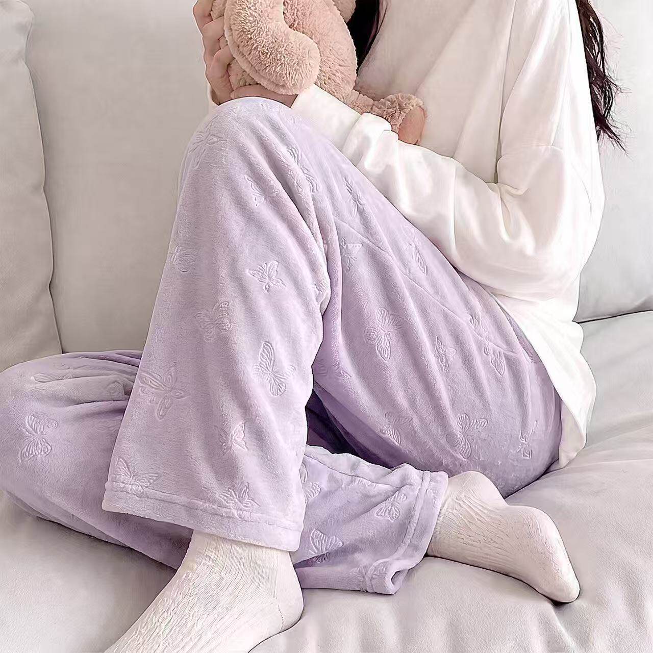 薄绒德绒睡裤女秋冬新款长裤加绒加厚磨毛宽松直筒软糯单独家居裤