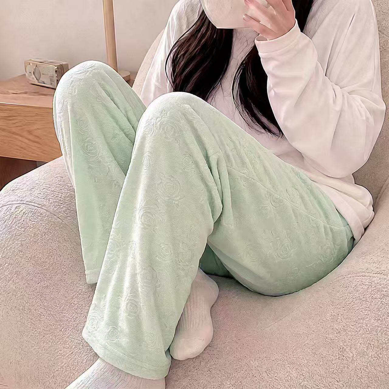 德绒睡裤女秋冬新款薄绒自发热中高腰纯色保暖裤加绒宽松直筒长裤