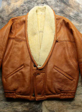 意大利制 早期1970s短款老钱复古主义Bomber羊皮毛一体皮衣