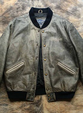 早期1990s舒适宽松沧桑旧化Bomber棒球服皮衣