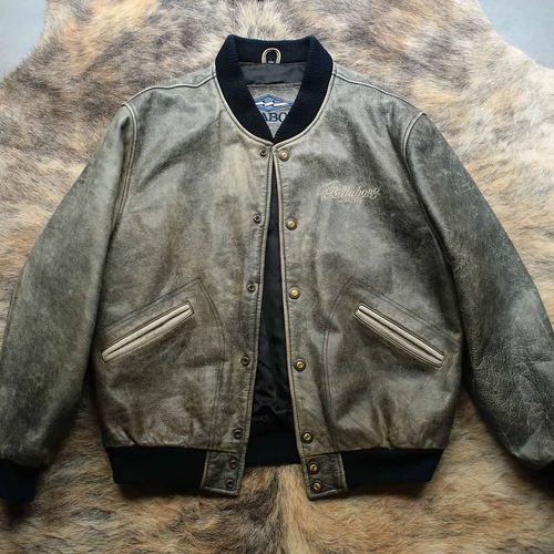 早期1990s舒适宽松沧桑旧化Bomber棒球服皮衣