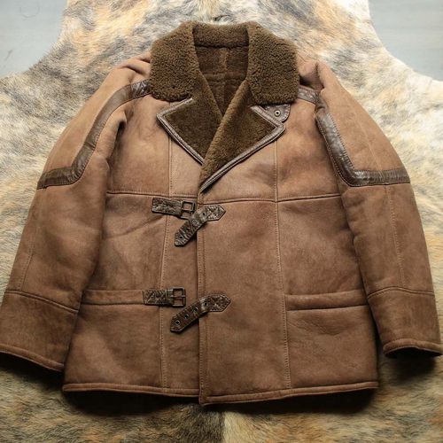 意大利制 早期1970s原始复古主义猎装消防羊皮毛一体皮衣