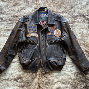 壮志凌云 1980s油画复古手擦做旧机械师飞行多标皮衣