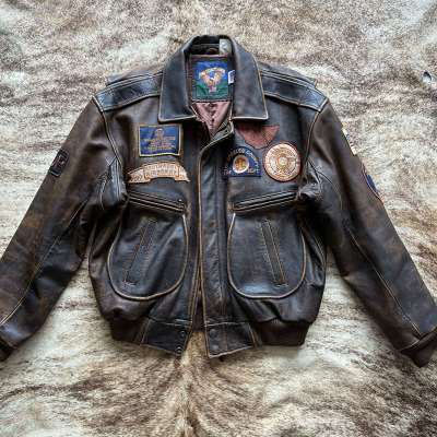 壮志凌云 1980s油画复古手擦做旧机械师飞行多标皮衣