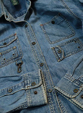 美式复古宗师RL1990s早期户外登山飞钓露营大师多袋牛仔衬衫