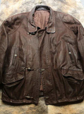 法国制 1970s超厚水润油蜡牛皮深邃硬汉猎魔人阔体龙虾扣消防皮衣