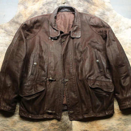 法国制 1970s超厚水润油蜡牛皮深邃硬汉猎魔人阔体龙虾扣消防皮衣