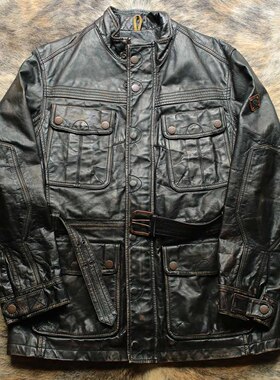 早期北美牛皮重磅手擦做旧布拉德皮特猎魔人多袋沧桑复古皮衣