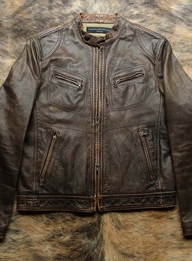 意大利制 1980s茶芯做旧牛皮报童J100机车立领皮衣
