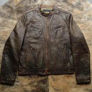 意大利制 1980s茶芯做旧牛皮报童J100机车立领皮衣
