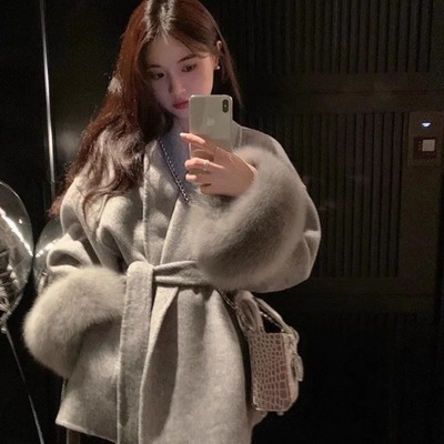 名媛小香风狐狸毛羊毛大衣女短款收腰小个子富家千金双面羊绒外套