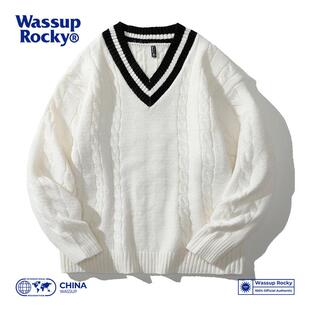 V领毛衣男2024秋冬潮牌慵懒风学院风情侣针织衫 WASSUP ROCKY长袖