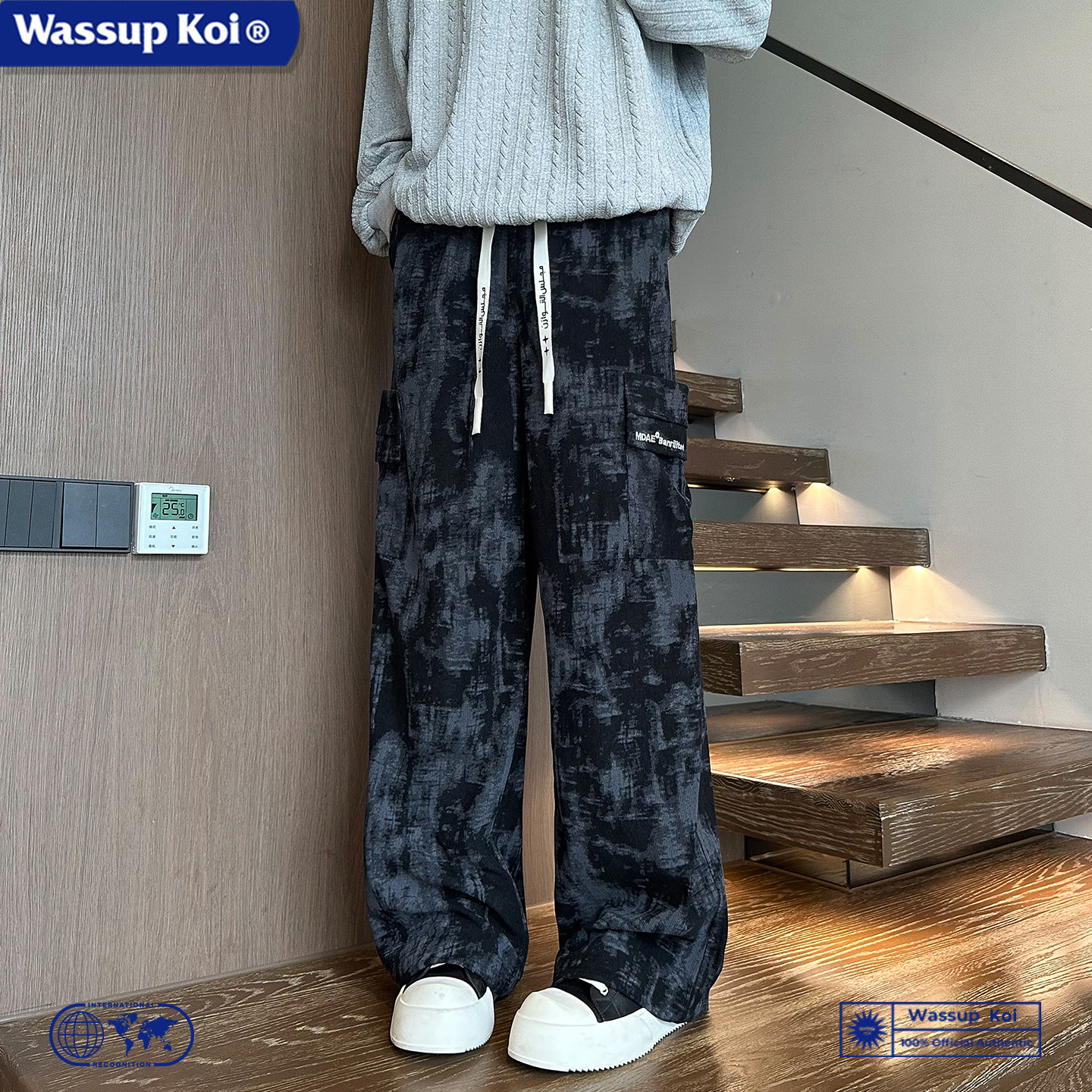WASSUP KOI联名裤子男春秋季美式高街休闲裤vibe扎染直筒裤阔腿裤