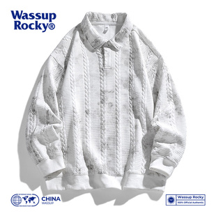 WASSUP ROCKY港风翻领麻花卫衣男士春秋潮牌脏脏扎染套头打底上衣