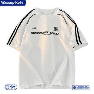 WASSUP KOI联名美式潮牌三条杠短袖T恤男夏季宽松休闲半袖上衣潮