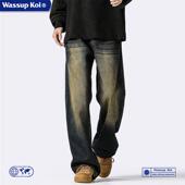 高街宽松阔腿裤 男春秋美式 子潮 KOI复古做旧水洗直筒牛仔裤 WASSUP