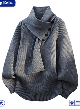 WASSUP KOI联名设计感高领毛衣男秋冬宽松百搭针织衫灰色纽扣装饰